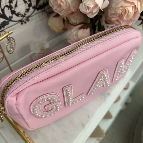 Stoney Clover Lane Small Flamingo Pouch with pearl letters ‘GLAM’ - Picture 2 of 5